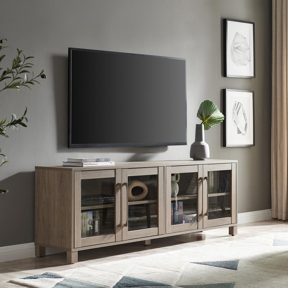 Quincy Rectangular TV Stand for TV's up to 80" in Antiqued Gray. Picture 6