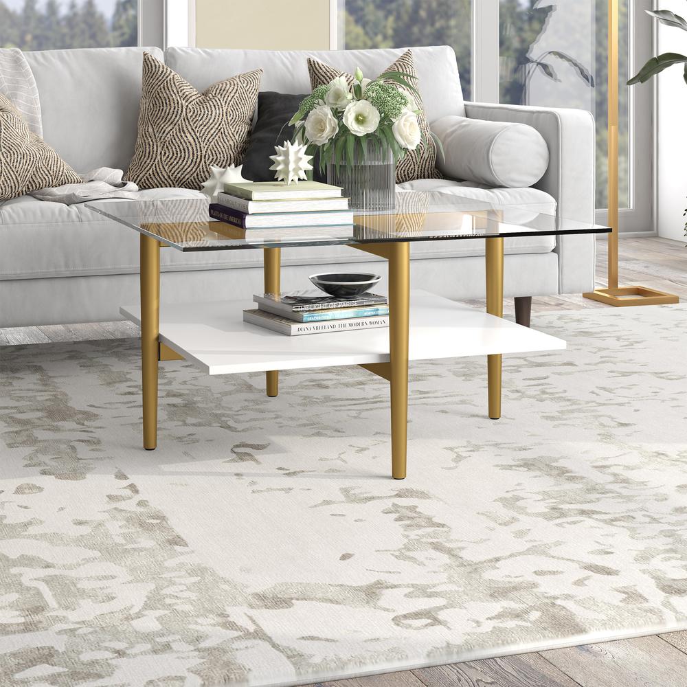 Otto 32" Wide Square Coffee Table with White Lacquer Shelf in Brass. Picture 2