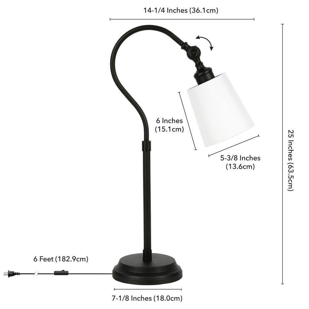Harland 25" Tall Arc Table Lamp with Fabric Shade in Blackened Bronze/White. Picture 5