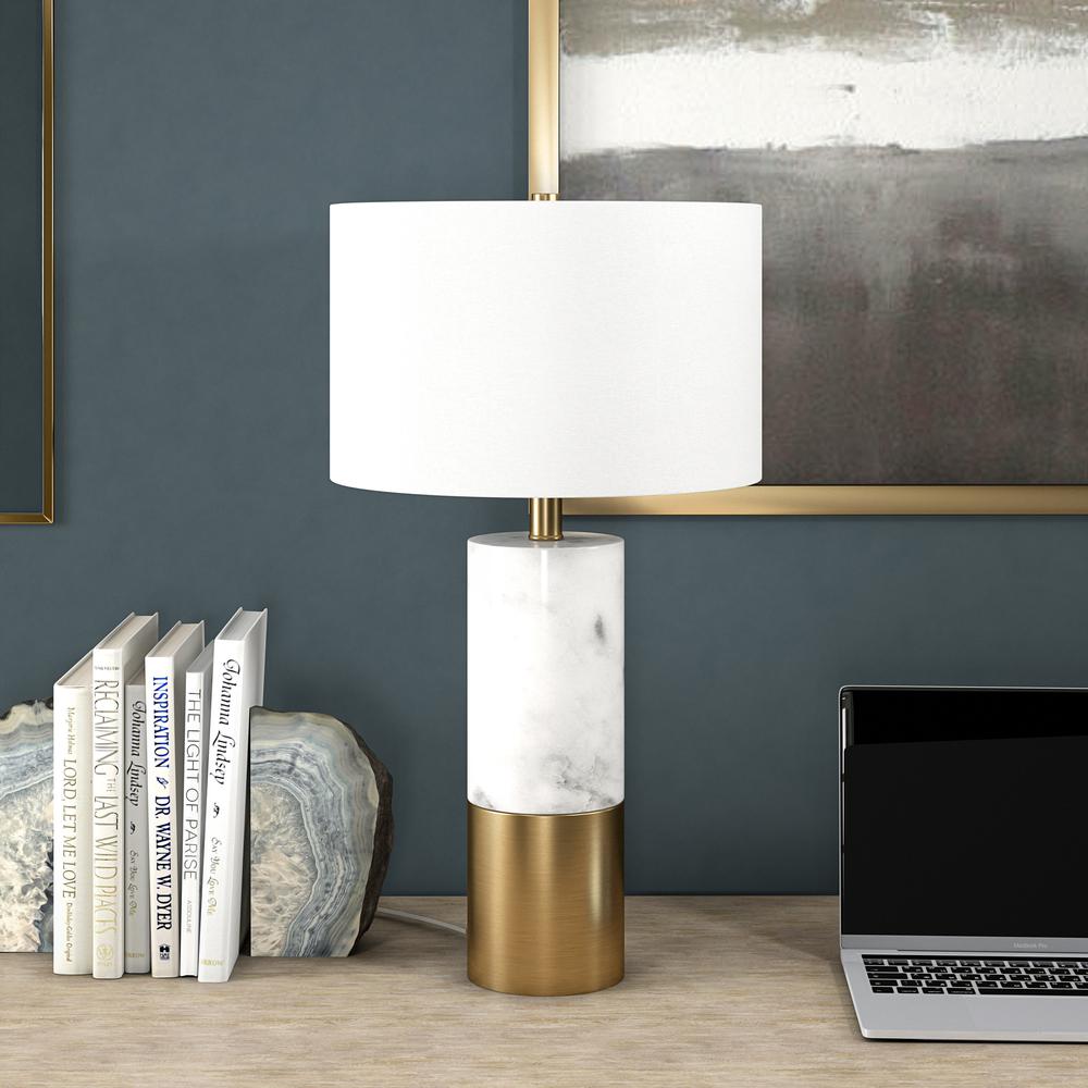 Liana 24" Tall Table Lamp with Fabric Shade in Marble/Brass/White. Picture 2