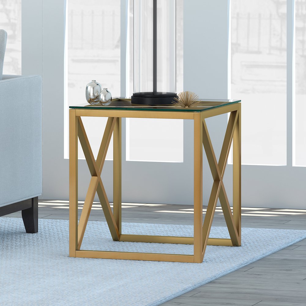 20'' Square Glass End Table Mid-Century Modern Side Table, Night Stand, Gold. Picture 6