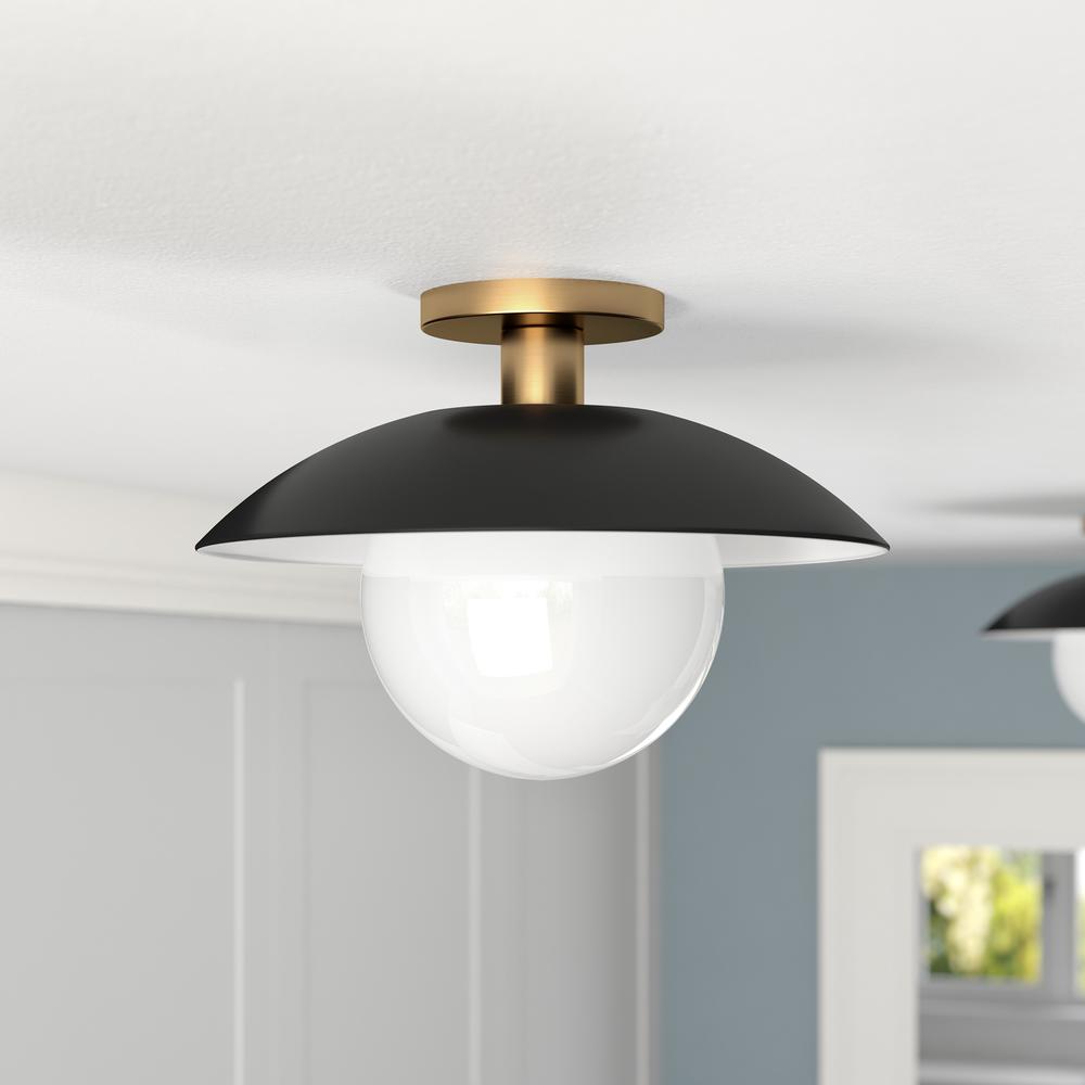 Alvia 14.5" Wide Semi Flush Mount with Metal/Glass Shade in Matte Black/Brass/White. Picture 2
