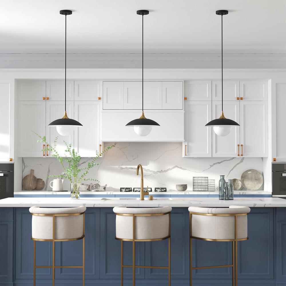Alvia 14.5" Wide Pendant with Metal/Glass Shade in Matte Black/Brass/White. Picture 4