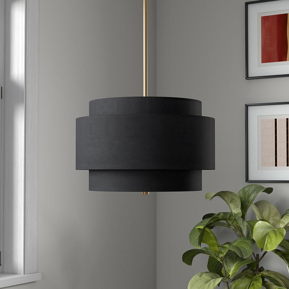 Solomon 16" Wide 2-Light Pendant with Tiered Fabric Shade in Brass/Black. Picture 3