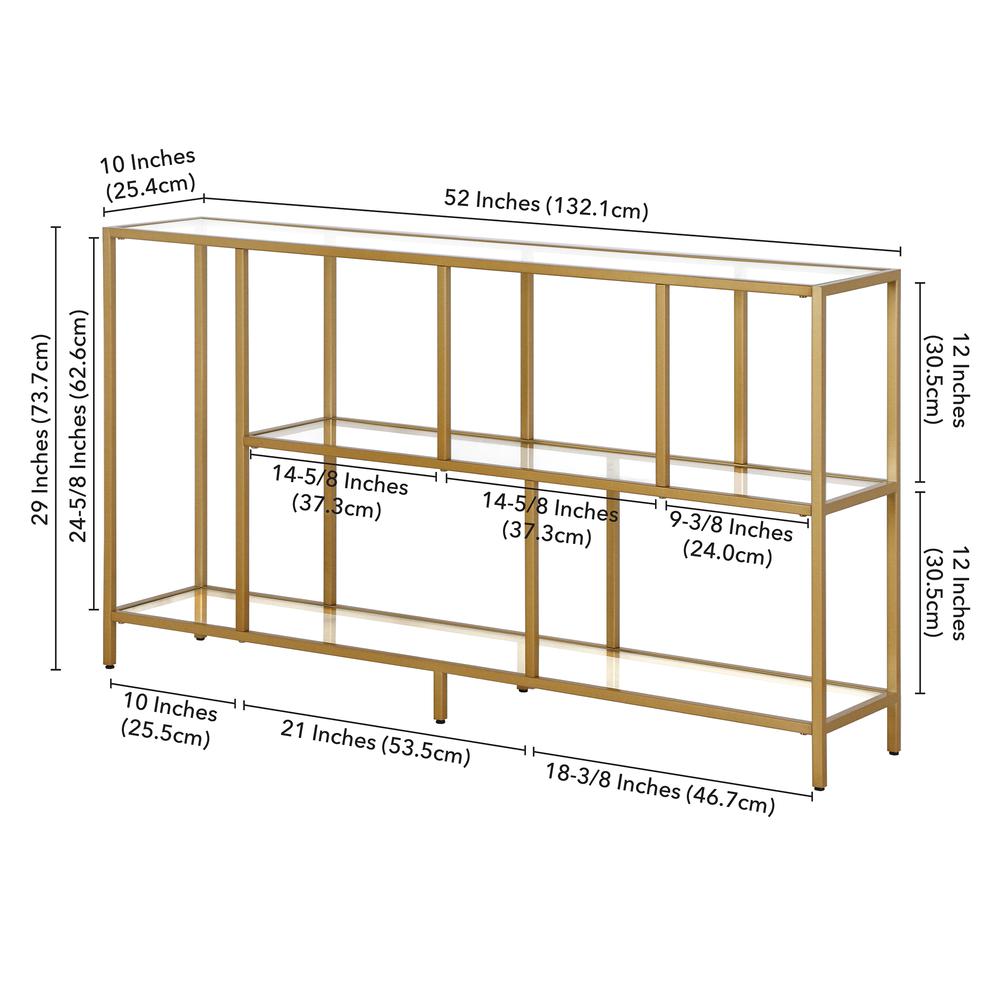 Winthrop 52" Wide Rectangular Console Table with Glass Shelves in Brass. Picture 5
