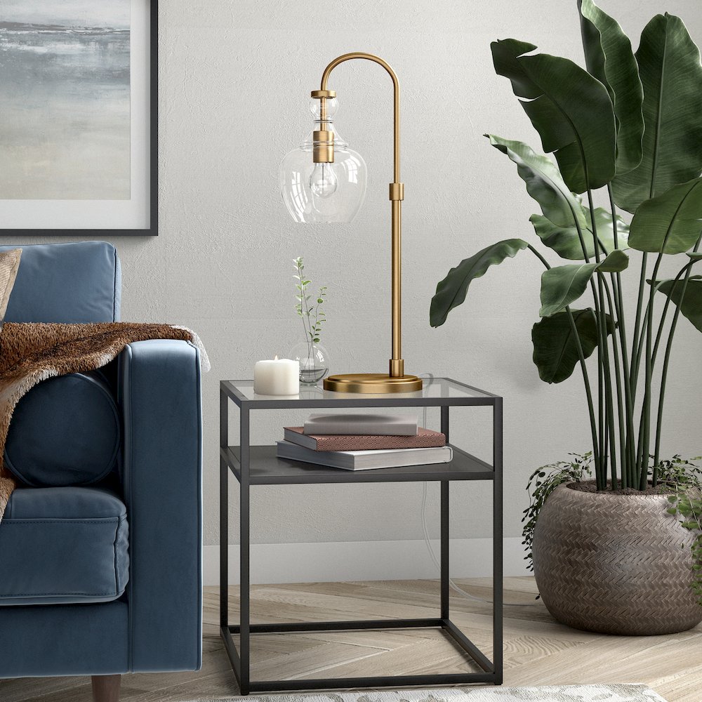 27" Mid-Century 1-Light Table Lamp with Clear Glass Dome Shade, Brushed Gold. Picture 3