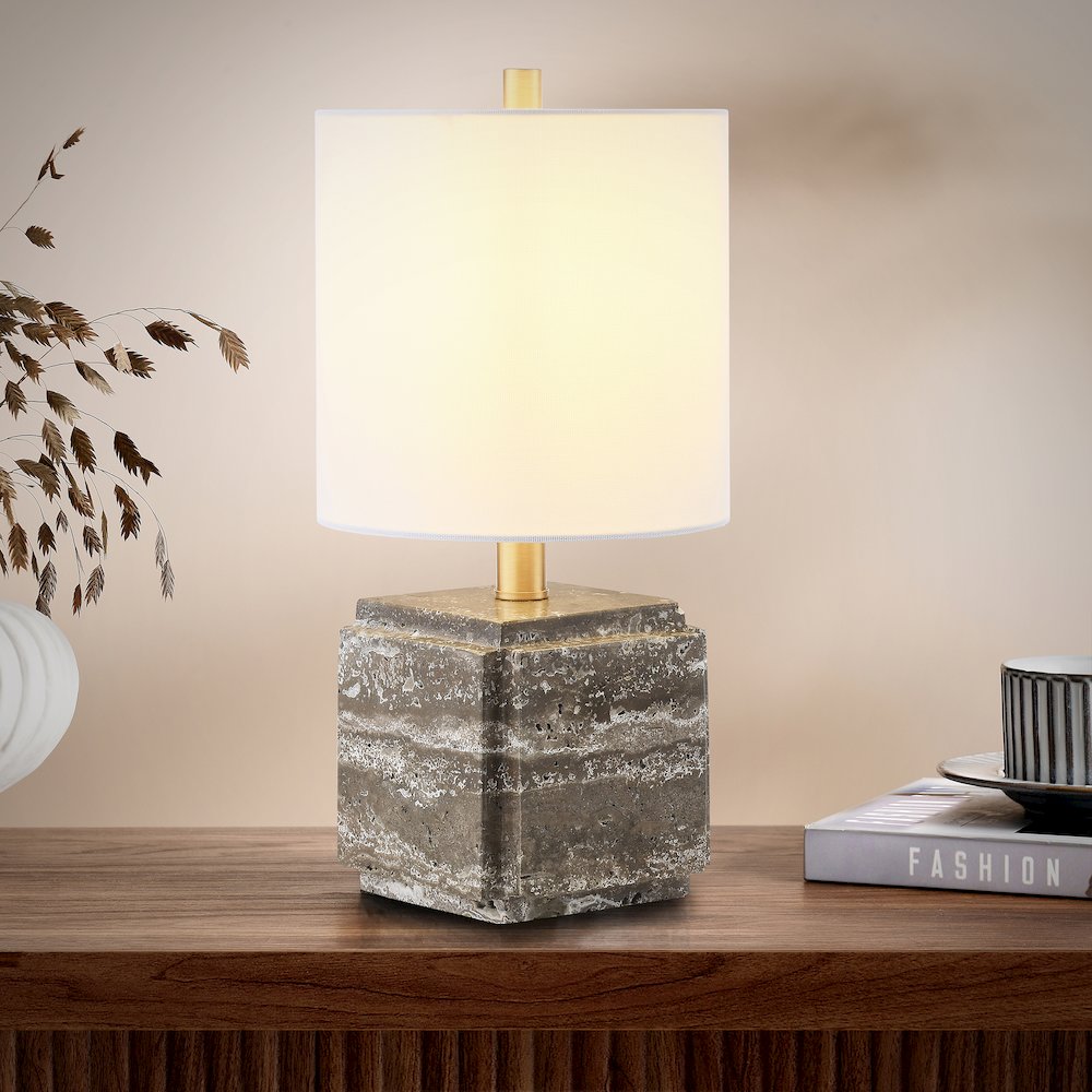 Pacha 16" Tall Stone Table Lamp with Fabric Shade in Gray Veined Travertine. Picture 4