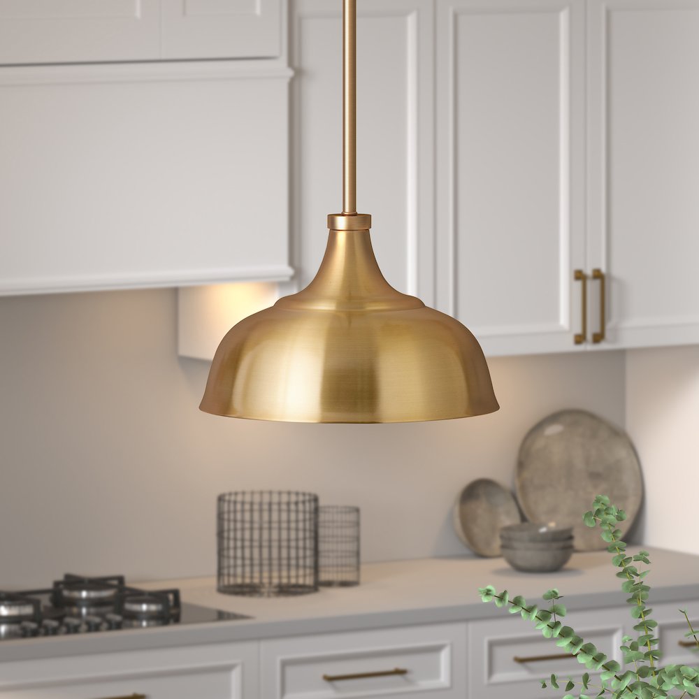 10"  Pendant Light Fixture with Gold Metal Dome Shade and 4.5'  Rod, Gold. Picture 2