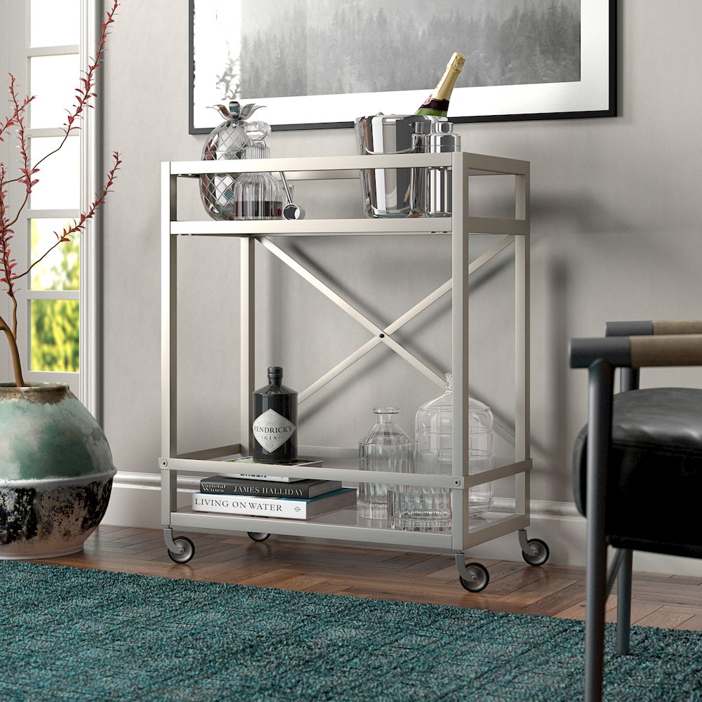 30'' 2-Tier Portable Bar Cart with Glass Shelves and Caster Wheels, Satin Silver. Picture 5