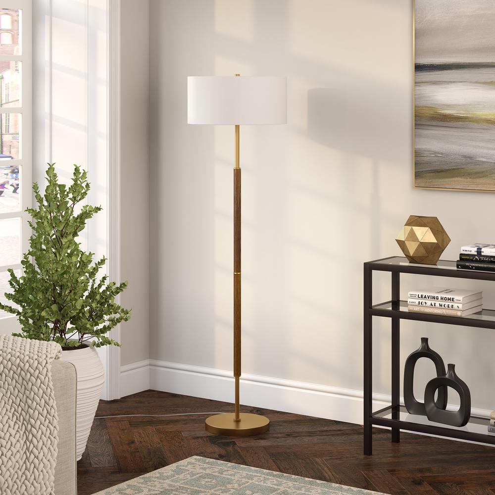 Simone 2-Light Floor Lamp with Fabric Shade in Rustic Oak/Brass/White. Picture 2