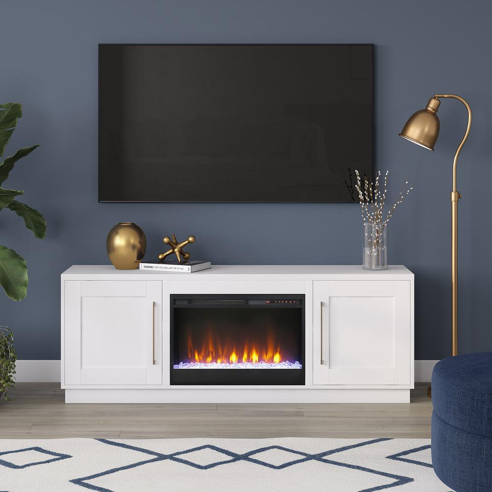 Tillman Rectangular TV Stand with Crystal Fireplace for TV's up to 80" in White. Picture 2
