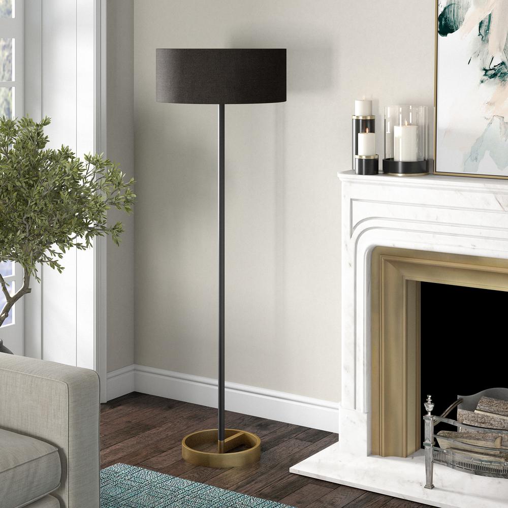 Estella Two-Tone Floor Lamp with Fabric Shade in Matte Black/Brass/Black. Picture 2