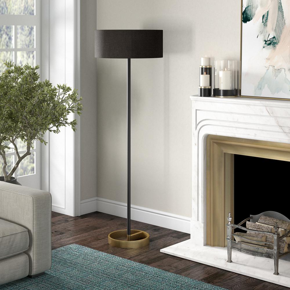 Estella Two-Tone Floor Lamp with Fabric Shade in Matte Black/Brass/Black. Picture 3