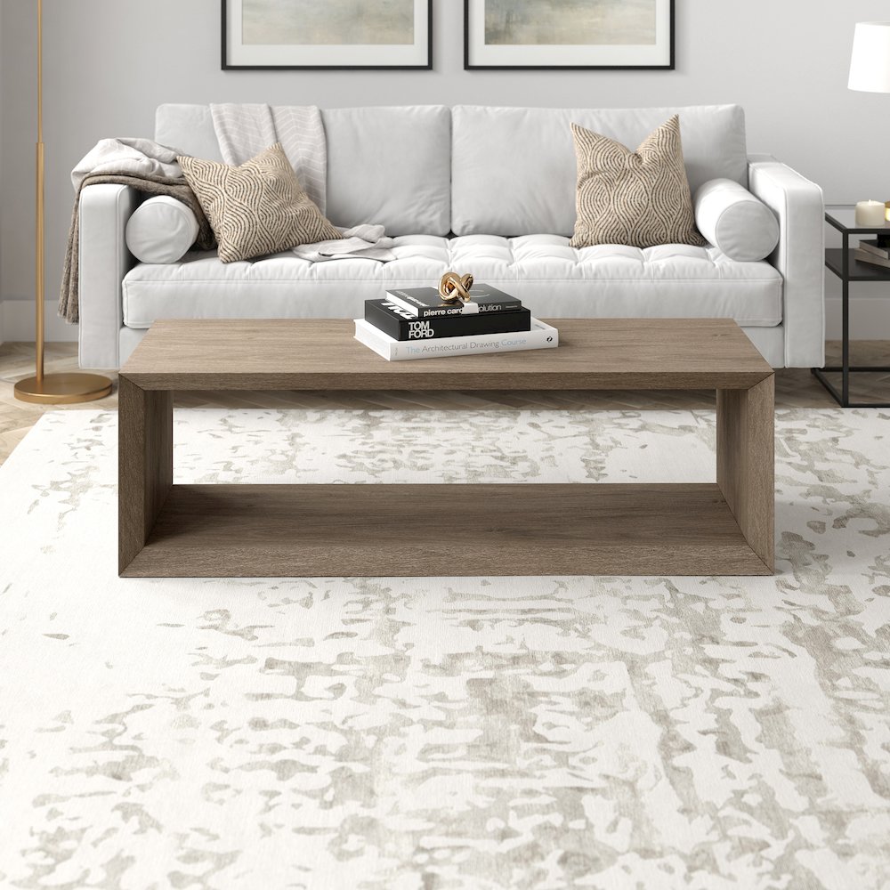 58" Rectangular Coffee Table with Open Storage Shelf, Weathered Gray. Picture 2