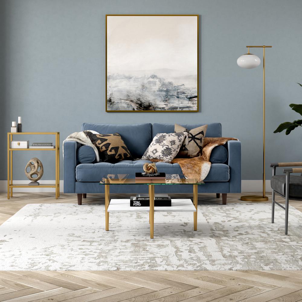 Otto 32" Wide Square Coffee Table with Faux Marble Shelf in Brass. Picture 4