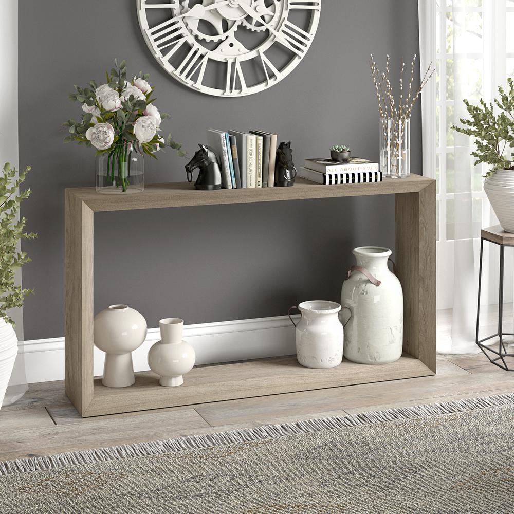 Osmond 55" Wide Rectangular Coffee Table in Antiqued Gray Oak. Picture 6