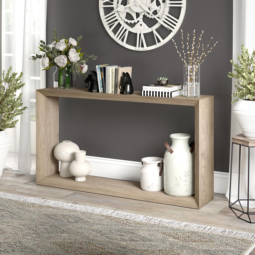 Osmond 55" Wide Rectangular Coffee Table in Antiqued Gray Oak. Picture 8