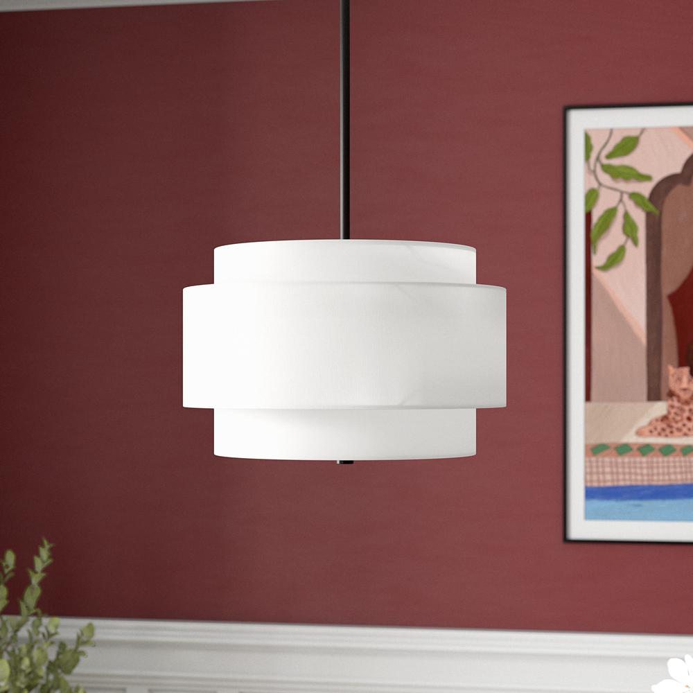 16" Wide 2-Light Pendant with Tiered Fabric Shade in Blackened Bronze/White. Picture 3