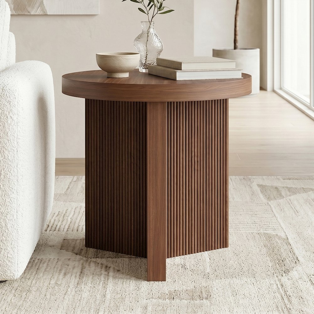 Henn&Hart 22'' Fluted Scandinavian Round End Table Ribbed Side Table, Nightstand. Picture 2