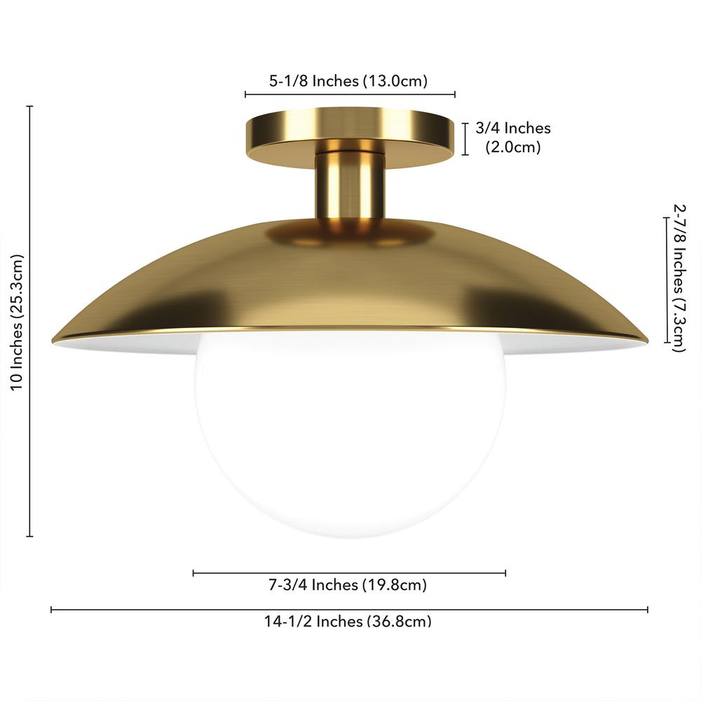 Alvia 14.5" Wide Semi Flush Mount with Metal/Glass Shade in Brass/White. Picture 5
