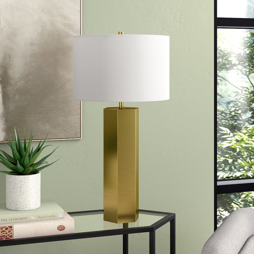 Henn&Hart 27.5" Modern 1-Light Table Lamp with White Fabric Drum Shade for. Picture 2