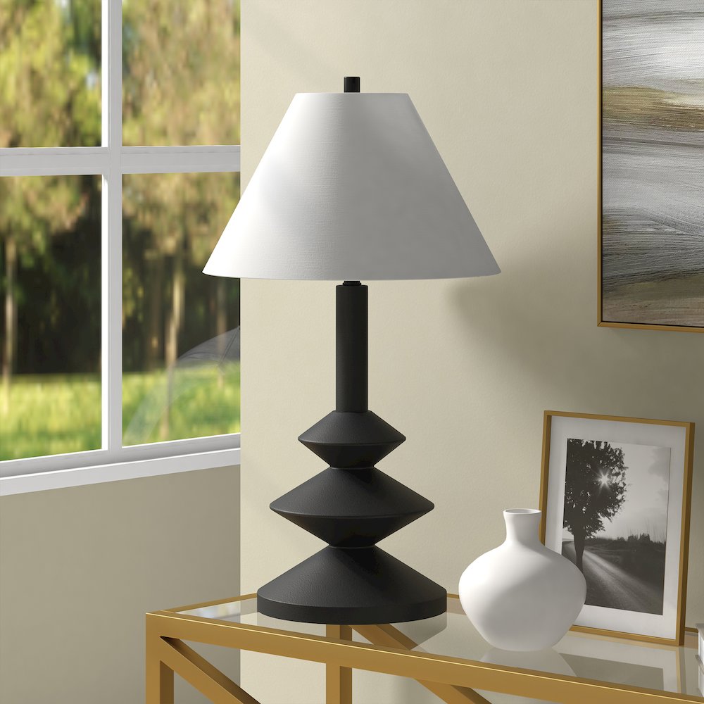 Abilene 28" Tall Triple Gourd Lamp with Fabric Shade in Matte Black/White. Picture 4