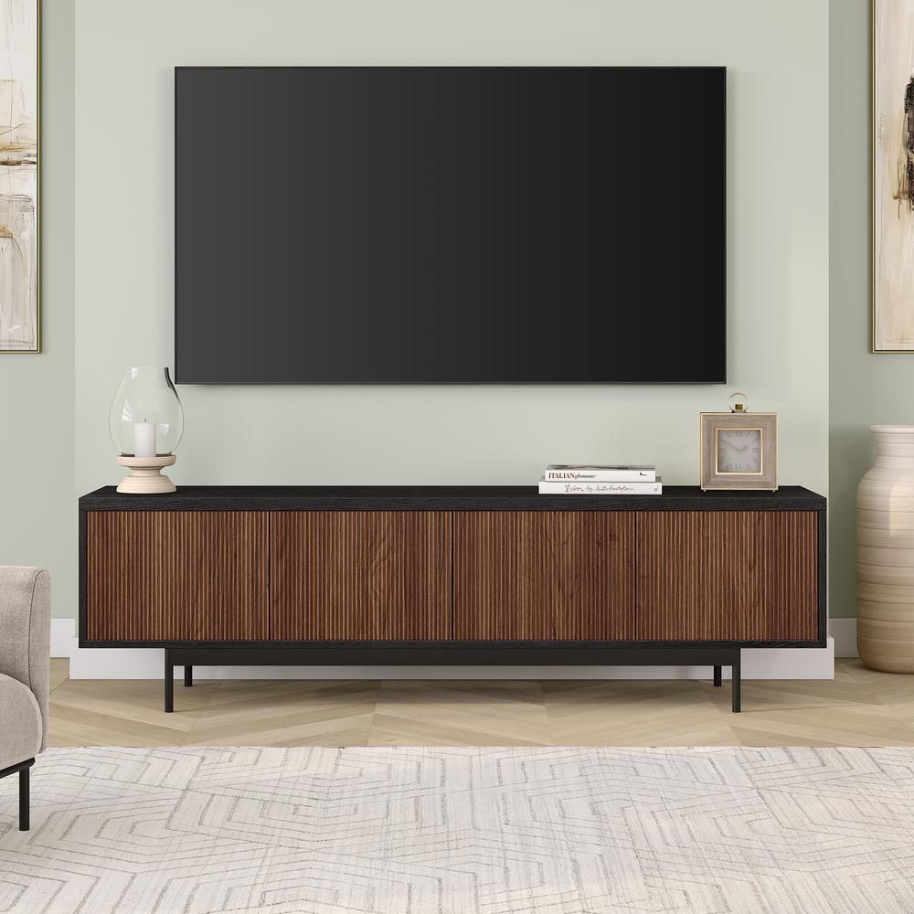 Whitman Rectangular TV Stand for TV's up to 75" in Black Grain/Satin Walnut. Picture 4