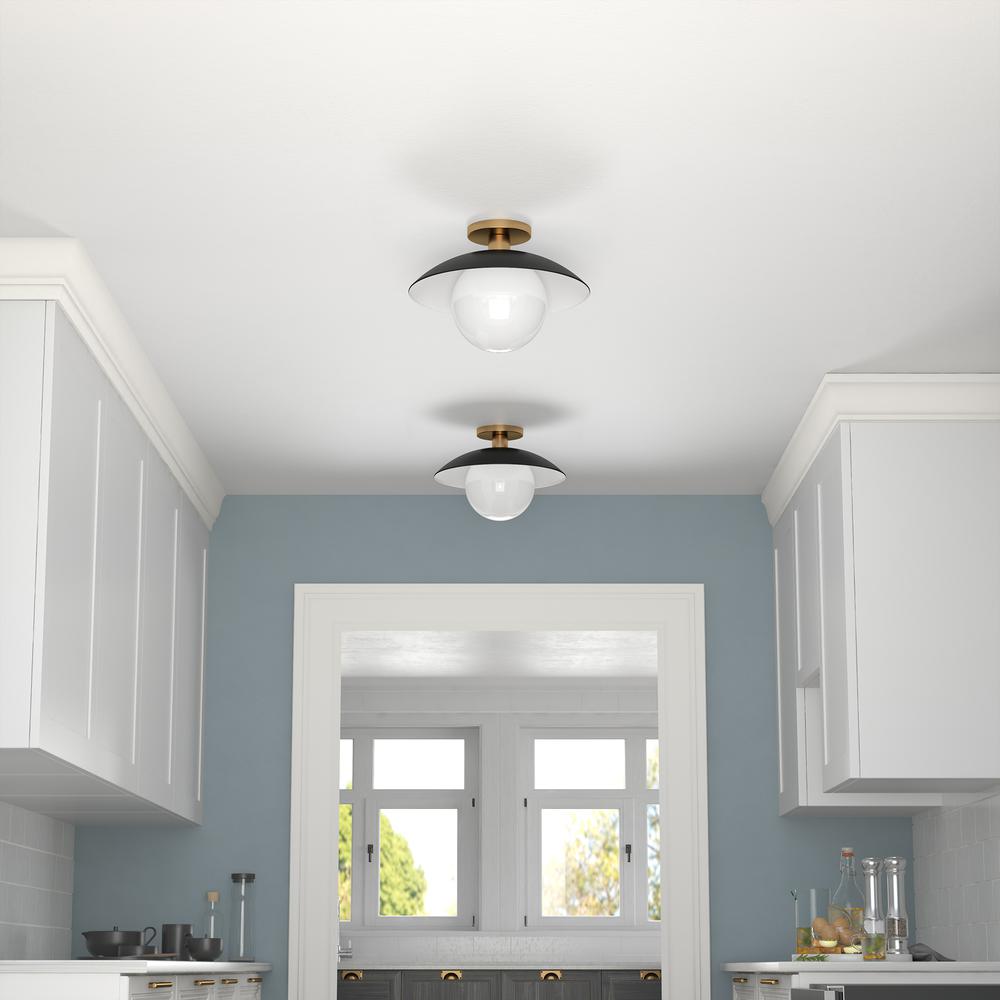 Alvia 14.5" Wide Semi Flush Mount with Metal/Glass Shade in Matte Black/Brass/White. Picture 4
