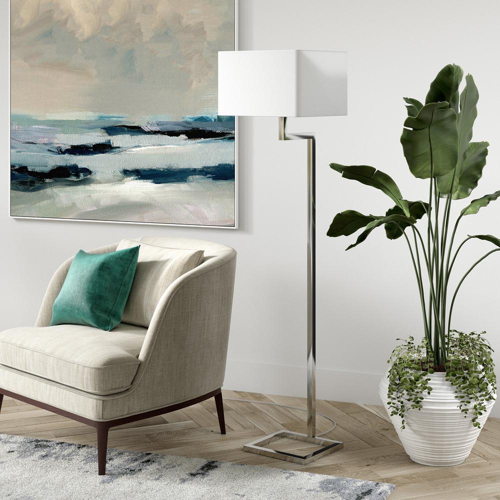 Xavier 64" Tall Floor Lamp with Fabric Shade in Polished Nickel/White. Picture 2
