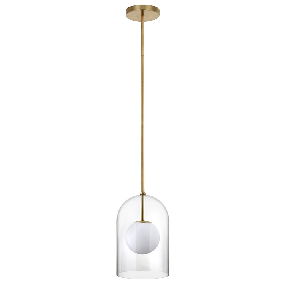 Sondre 8" Wide Double Layer Pendant with Glass Shade in Brass/White Milk/Clear. Picture 1