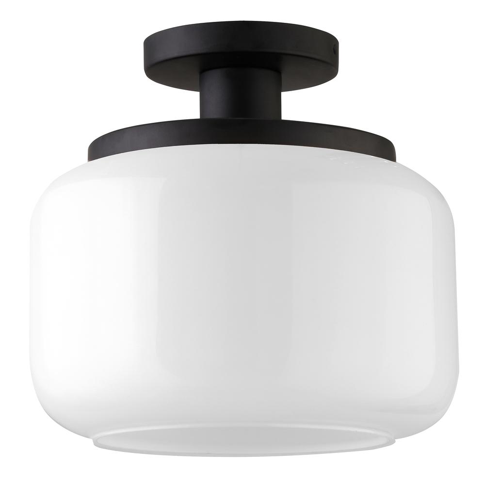 Tatum 11" Wide Semi Flush Mount with Glass Shade in Blackened Bronze/White. Picture 1