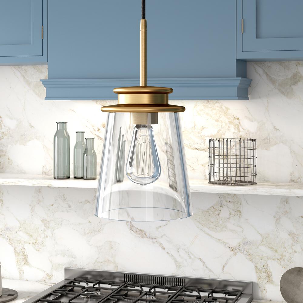 Elwood 7.12" Wide Pendant with Glass Shade in Brass/Clear. Picture 2