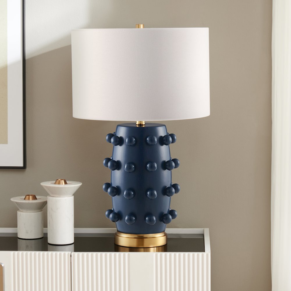 Farrington 26" Tall Ceramic Table Lamp with Fabric Shade in Matte Navy/White. Picture 3