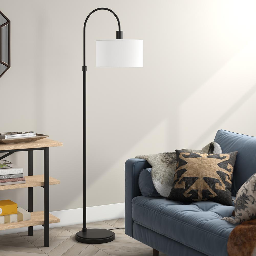 Veronica Arc Floor Lamp with Fabric Shade in Blackened Bronze/White. Picture 2