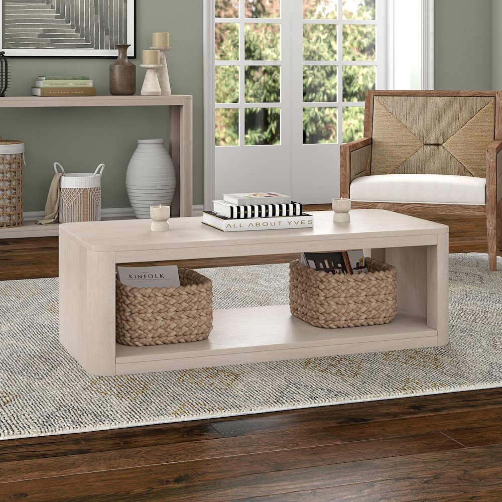 Kellan 47" Wide Rectangular Coffee Table in Alder White. Picture 3