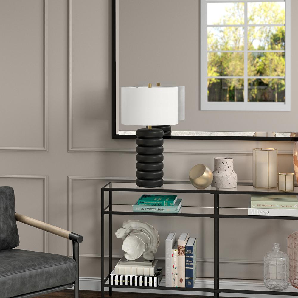 Zelda 25" Tall Ceramic Bubble Body Table Lamp with Fabric Shade in Matte Black/Brass/White. Picture 4