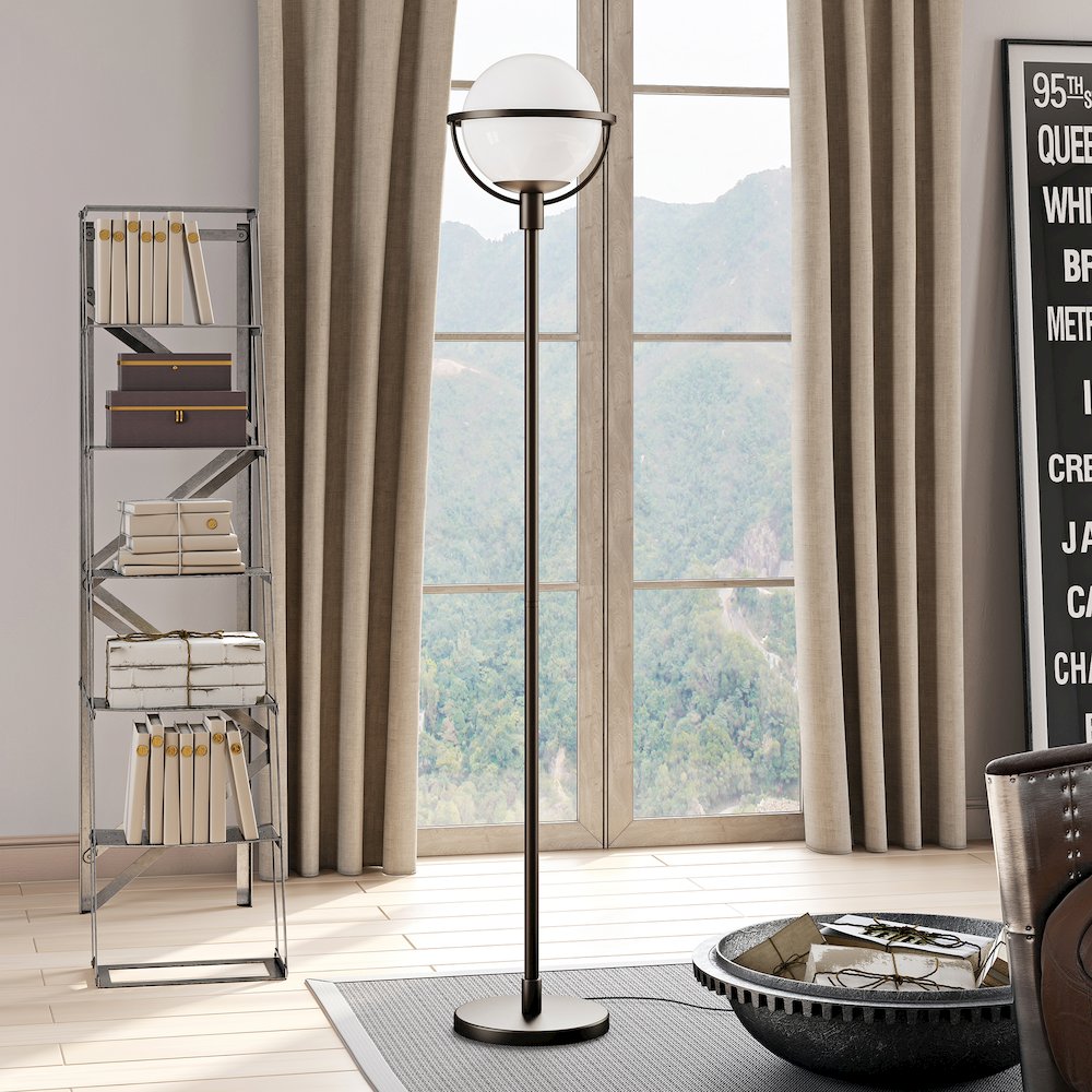 Cieonna Globe & Stem Floor Lamp with Glass Shade in Blackened Bronze/White. Picture 2