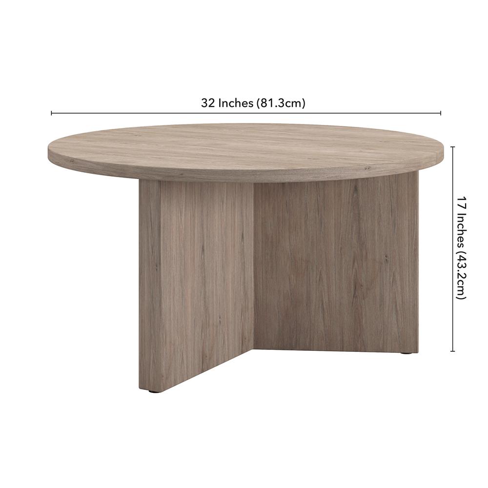 Anders 32" Wide Round Coffee Table in Antiqued Gray Oak. Picture 3
