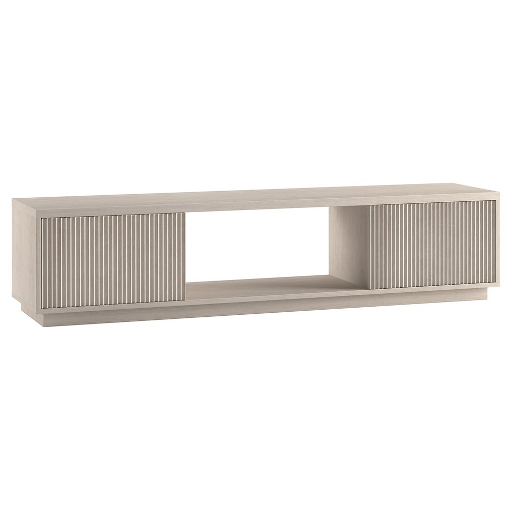 Fluted TV Stand for TVs up to 78", 2 Side Cabinets, Center Storage, Alder White. Picture 1