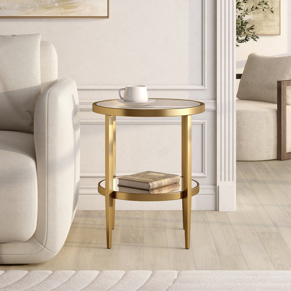 20" Modern Round End Table, Side Table, Nightstand with Open Shelf, Antique Gold. Picture 5