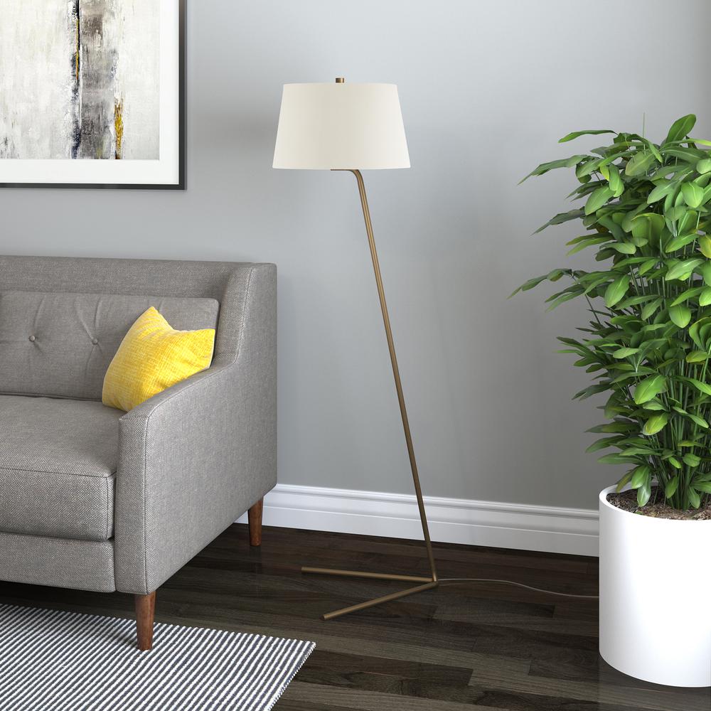 Markos Tilted Floor Lamp with Fabric Shade in Brass/White. Picture 2