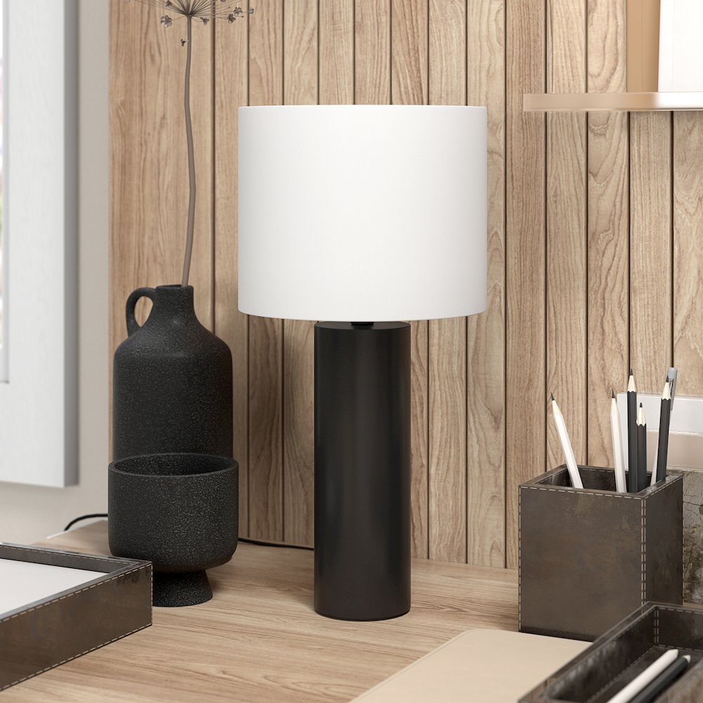 Henn&Hart 16" Mid-Century Modern 1-Light Table Lamp with White Fabric Drum. Picture 3