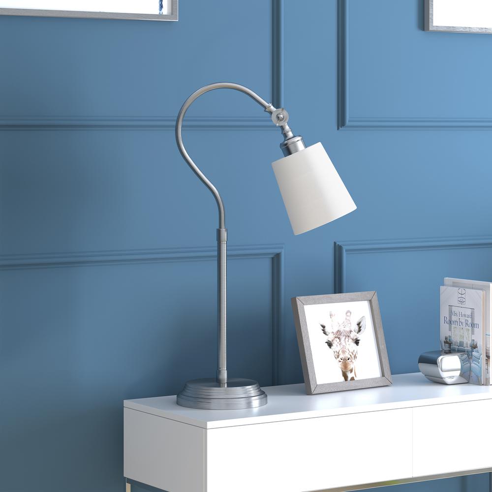 Harland 25" Tall Arc Table Lamp with Fabric Shade in Brushed Nickel/White. Picture 2