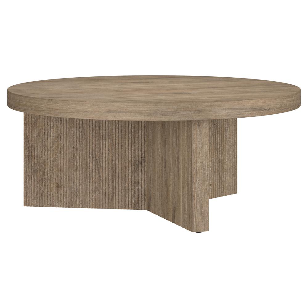 Holm 36" Wide Round Coffee Table in Antiqued Gray Oak. Picture 1