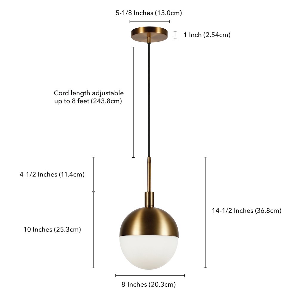 8" Pendant Light Fixture with White Milk Glass Globe Shade and 8' Cord, Gold. Picture 8