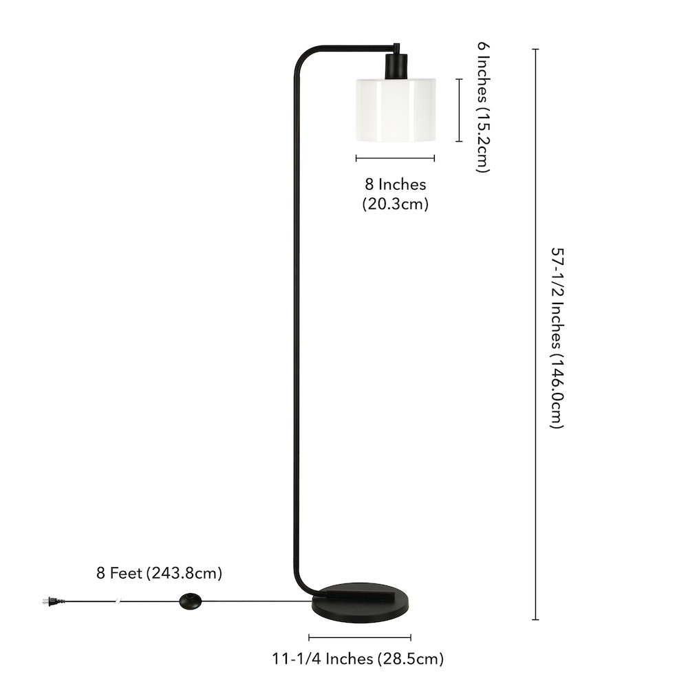 57'' Industrial 1-Light Floor Lamp with White Glass Drum Shade, Black. Picture 11