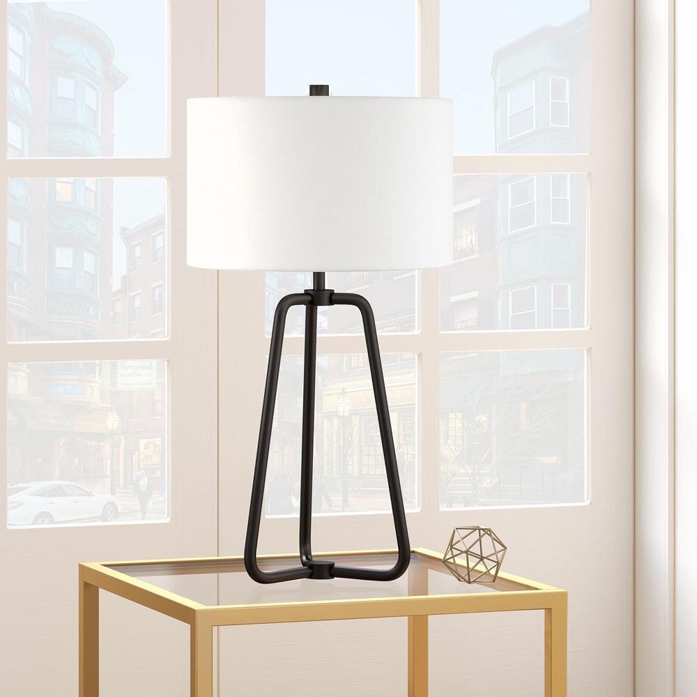 Marduk 25.5" Tall Table Lamp with Fabric Shade in Blackened Bronze/White. Picture 2