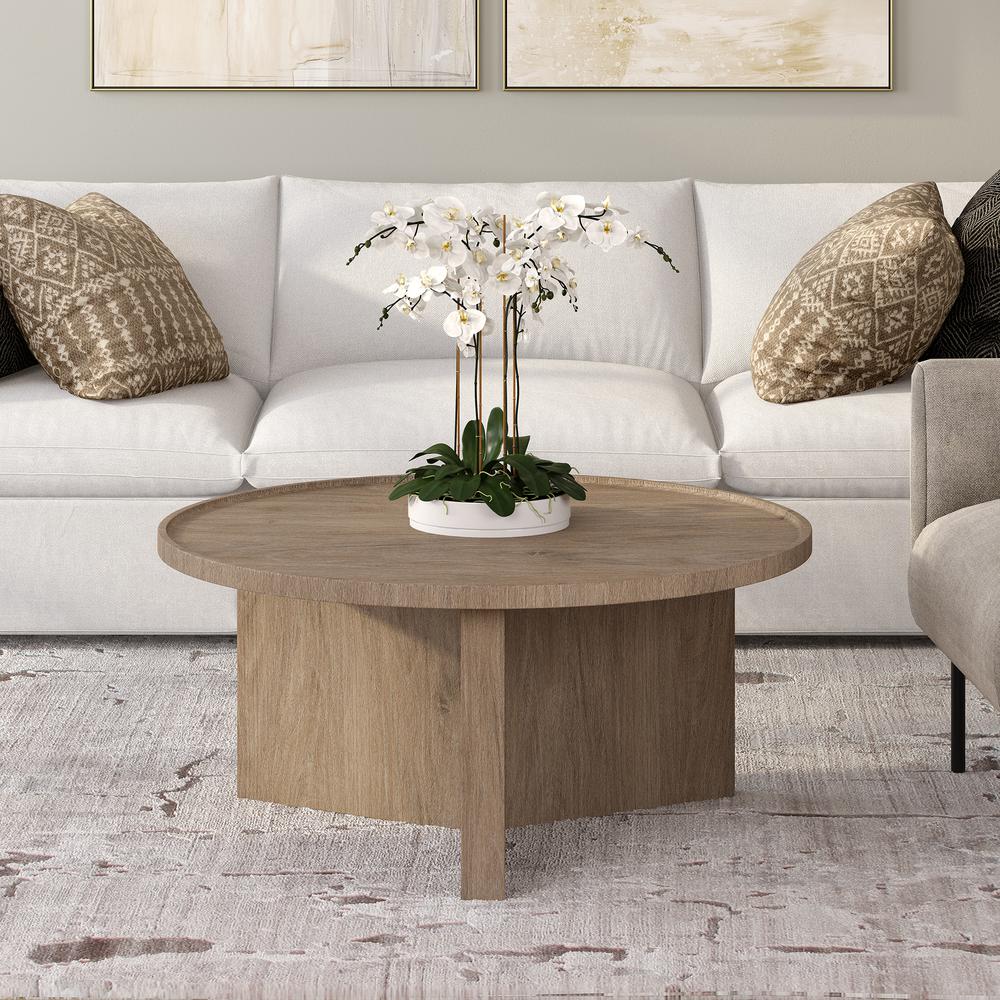 Gunnar 32" Wide Round Coffee Table in Antiqued Gray Oak. Picture 4