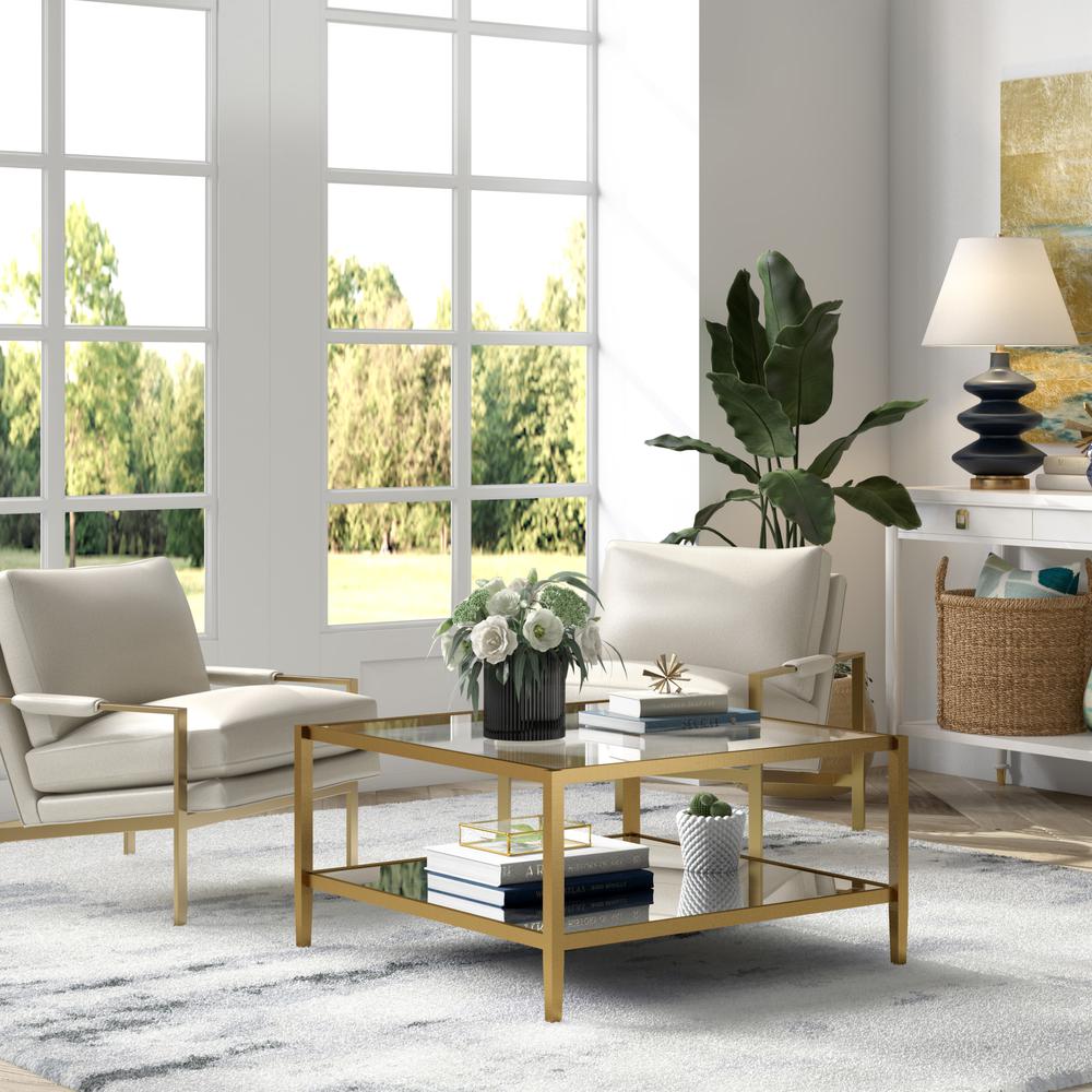 Hera 32'' Wide Square Coffee Table in Brass. Picture 4