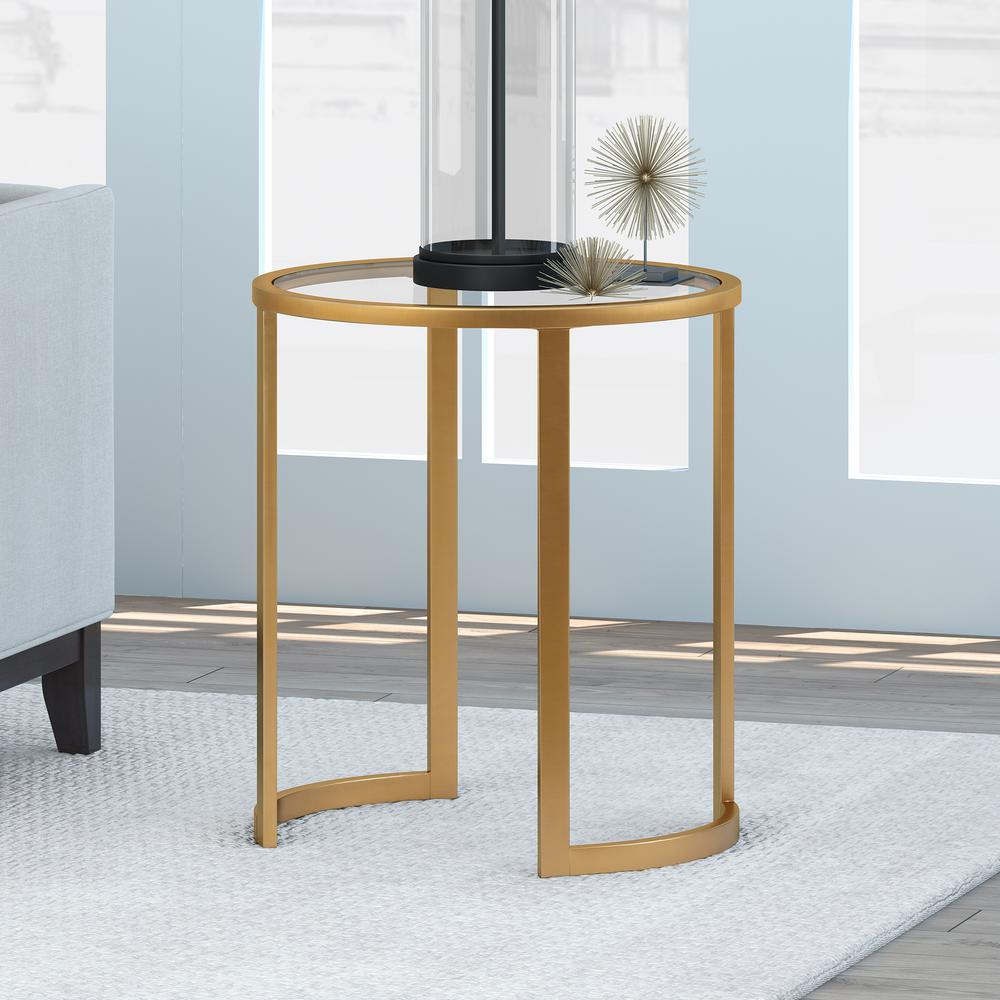 Mitera 20'' Wide Round Side Table in Brass. Picture 2